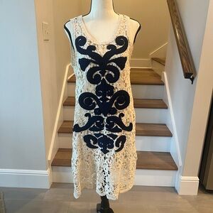 Cream Lace Swimsuit Coverup with Navy Embroidery